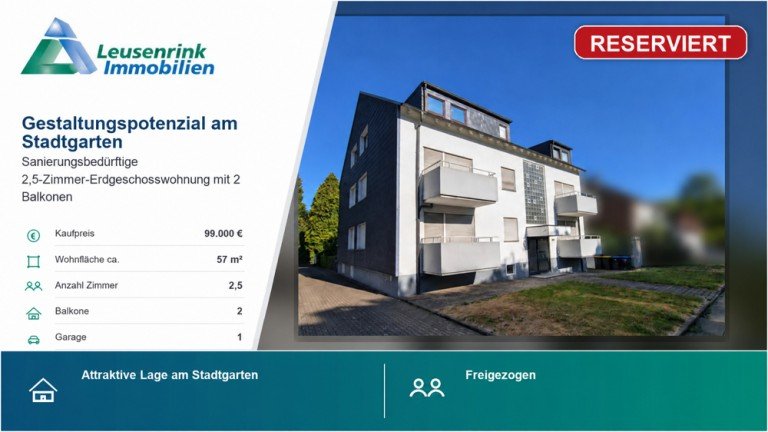 RESERVIERT Herne Erdgeschosswohnung RESERVIERT - Gestaltungspotenzial am Stadtgarten - 2,5-Zimmer-Wohnung mit 2 Balkonen