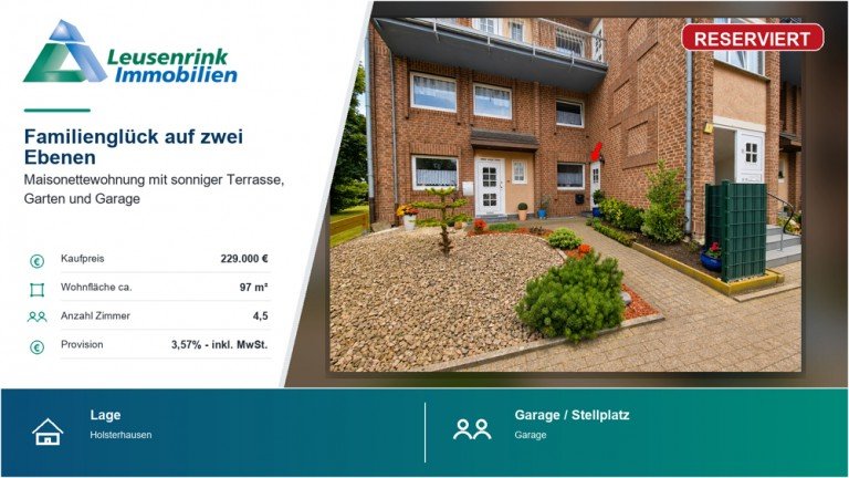 RESERVIERT Herne / Holsterhausen Erdgeschosswohnung Familiengl�ck auf zwei Ebenen - gepflegte Maisonettewohnung mit sonniger Terrasse, Garten und Garage