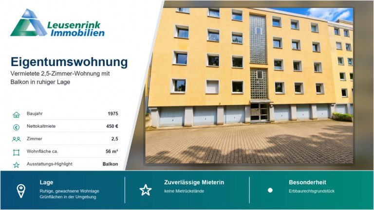 Eigentumswohnung Bochum Etagenwohnung Vermietete 2-Zimmer-Eigentumswohnung mit Balkon in ruhiger Wohnlage