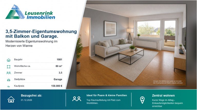 Eigentumswohnung Herne / Eickel Etagenwohnung Attraktive 3,5-Zimmer-Wohnung mit Balkon & Garage - bald bezugsfrei