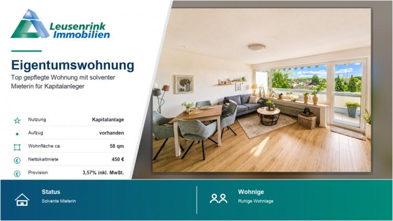 Eigentumswohnung Herne / Eickel Etagenwohnung Top gepflegte Wohnung mit solventer Mieterin f�r Kapitalanleger