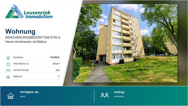 Eigentumswohnung Herne Etagenwohnung RENOVIERUNGSBED�RFTIGE ETW in Herne-Horsthausen mit Balkon
