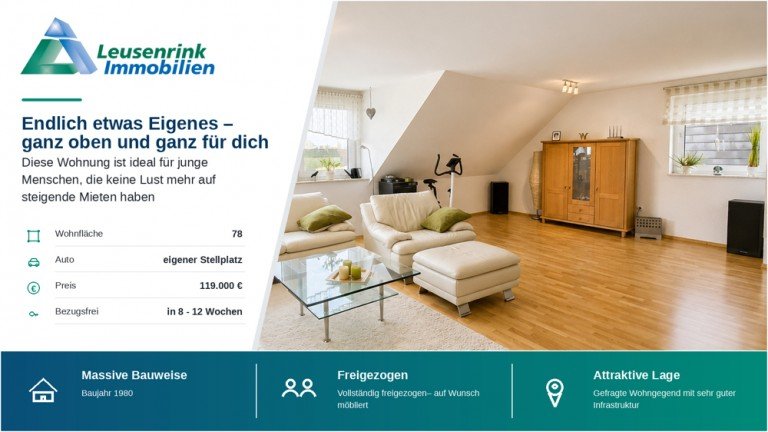 Meine eigene Wohnung Herne Dachgeschosswohnung Ganz oben. Ganz f�r dich - Deine erste eigene Wohnung statt Miete.