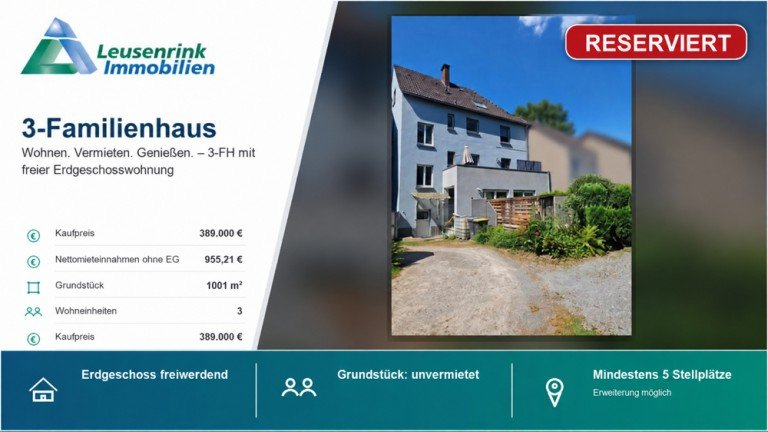 RESERVIERT Herne Mehrfamilienhaus RESERVIERT - 3-FH mit freier Erdgeschosswohnung und �ber 1.000 m� Gartengl�ck
