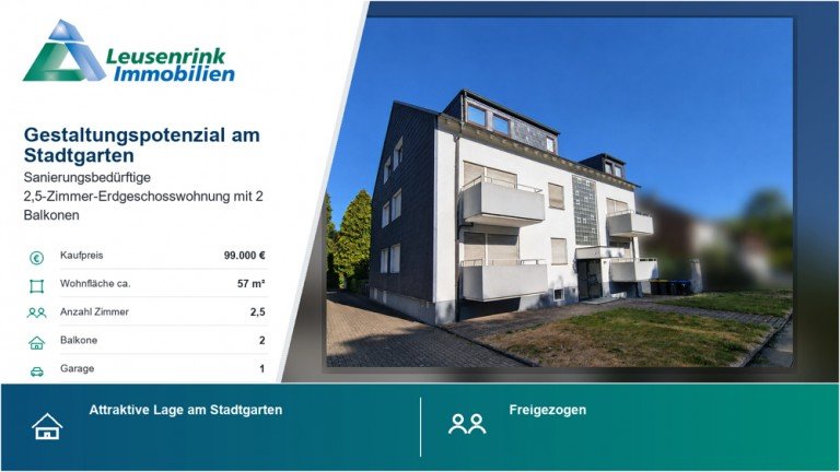 Eigentumswohnung Herne Erdgeschosswohnung Gestaltungspotenzial am Stadtgarten - 2,5-Zimmer-Wohnung mit 2 Balkonen